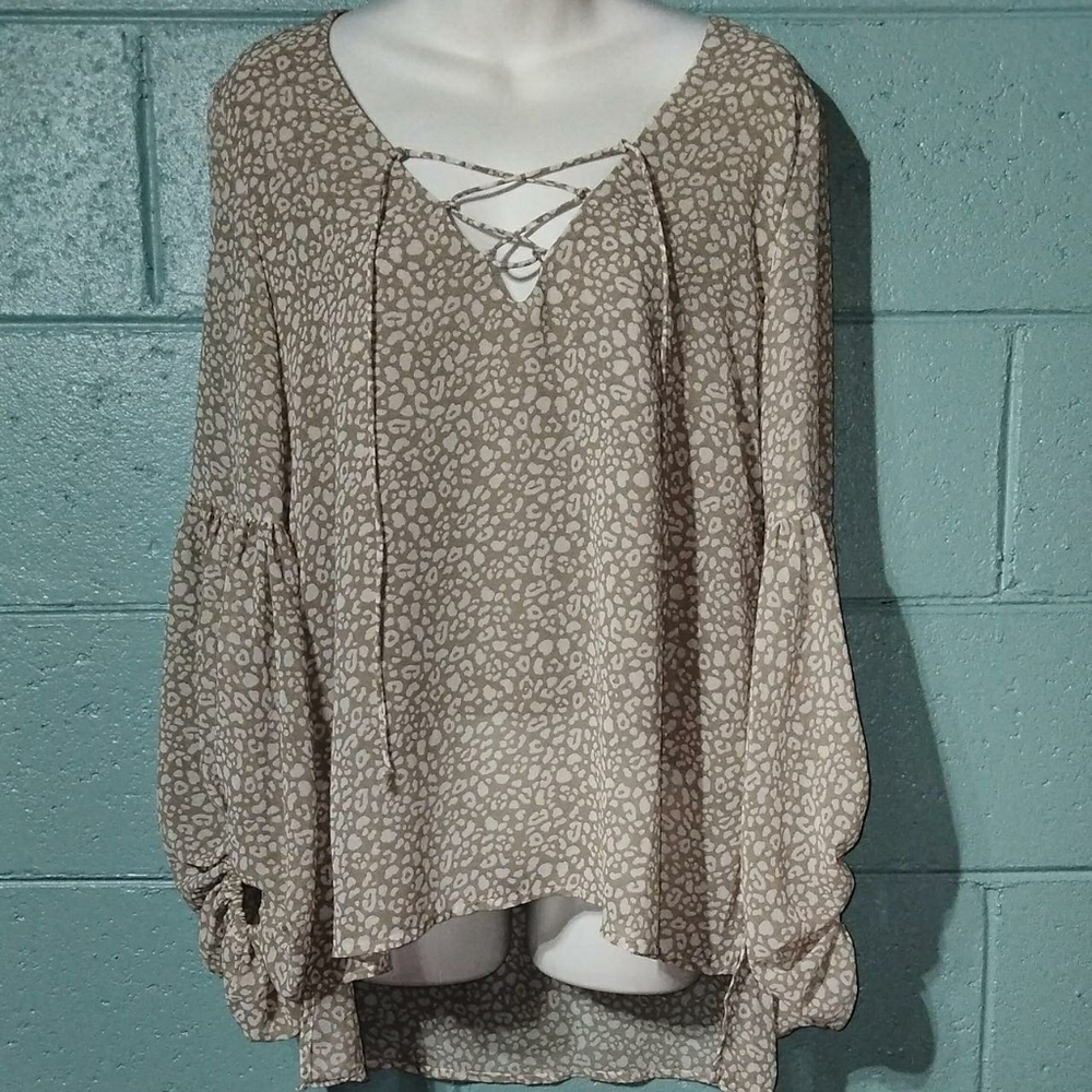 NWOT By Together Tan & White Leopard Print Lace Up Blouse